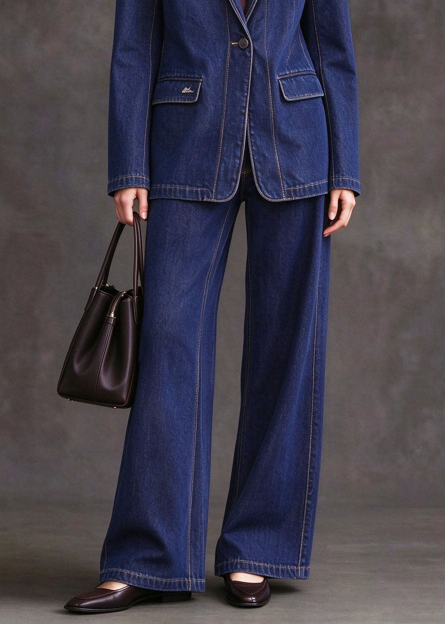 Plus Size Blue Peter Pan Collar Patchwork Denim Two Piece Set Fall