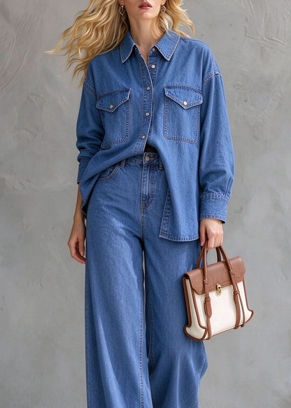 Plus Size Blue Peter Pan Collar Patchwork Denim Two Pieces Set Fall