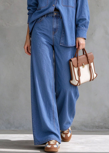 Plus Size Blue Peter Pan Collar Patchwork Denim Two Pieces Set Fall
