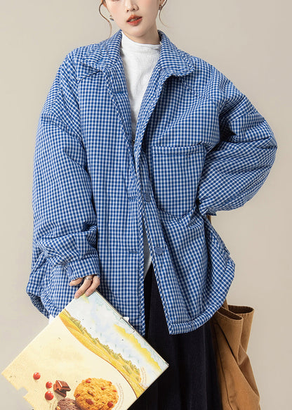 Plus Size Blue Peter Pan Collar Plaid Down Jackets Winter