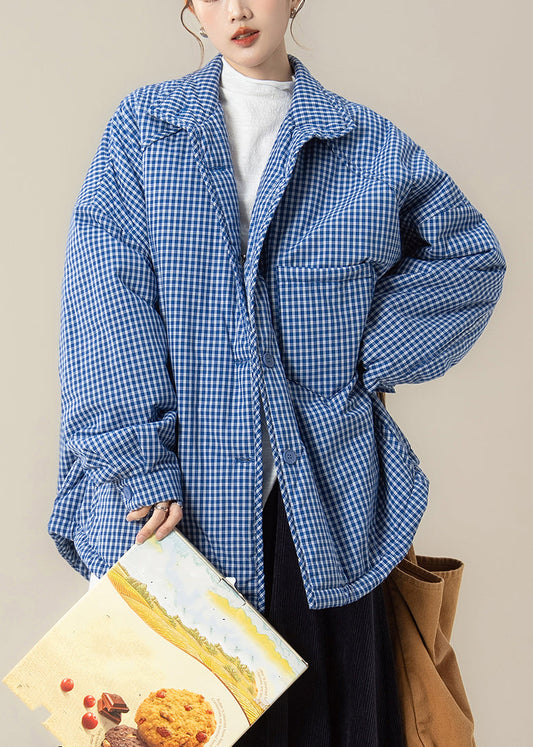 Plus Size Blue Peter Pan Collar Plaid Down Jackets Winter