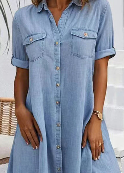 Plus Size Blue Peter Pan Collar Pockets Patchwork Denim Dresses Summer