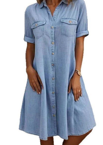 Plus Size Blue Peter Pan Collar Pockets Patchwork Denim Dresses Summer