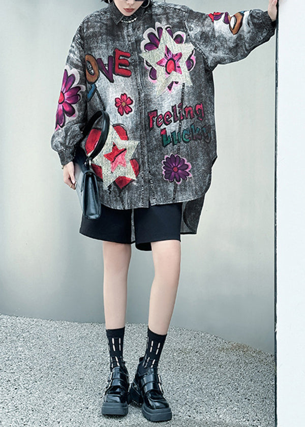 Plus Size Blue Peter Pan Collar Print Sequins Denim Shirts Long Sleeve