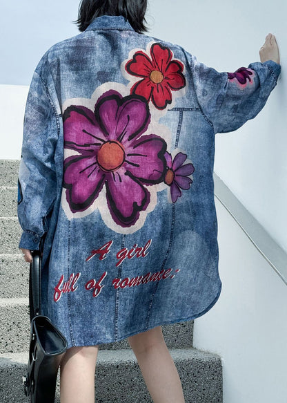 Plus Size Blue Peter Pan Collar Print Sequins Denim Shirts Long Sleeve