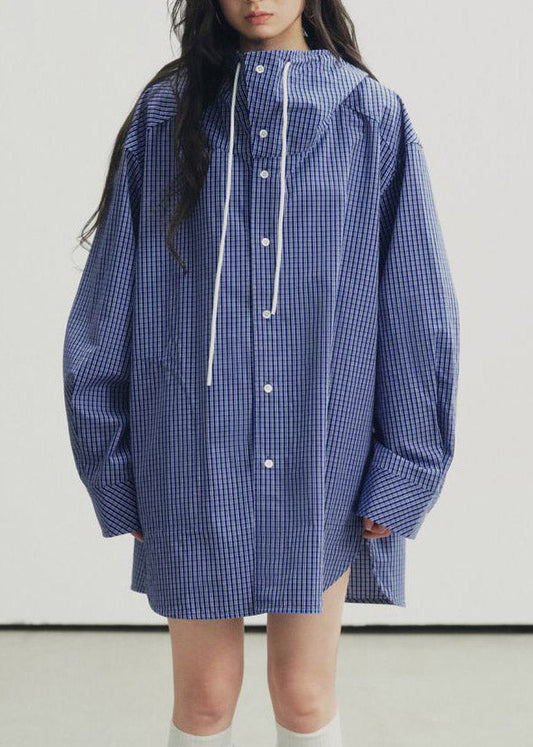 Plus Size Blue Plaid Drawstring Button Hooded Shirt Lantern Sleeve