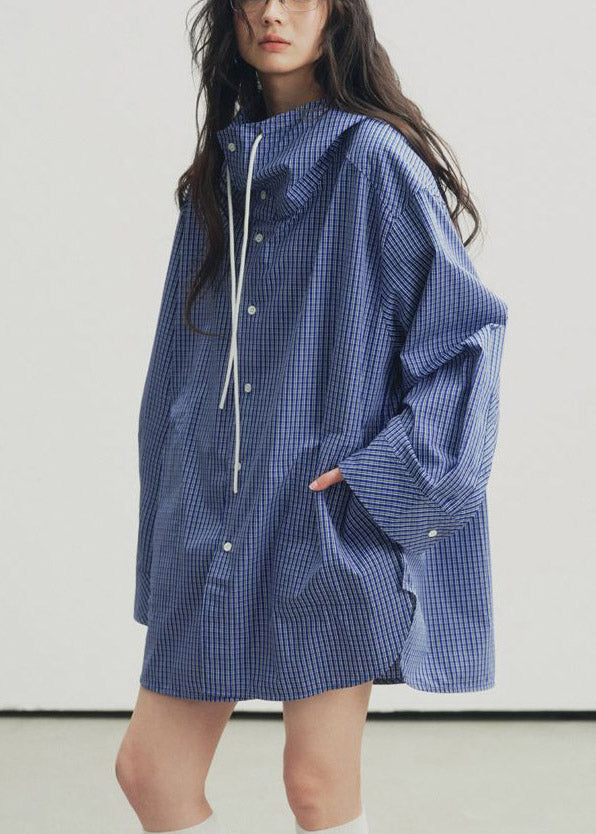 Plus Size Blue Plaid Drawstring Button Hooded Shirt Lantern Sleeve
