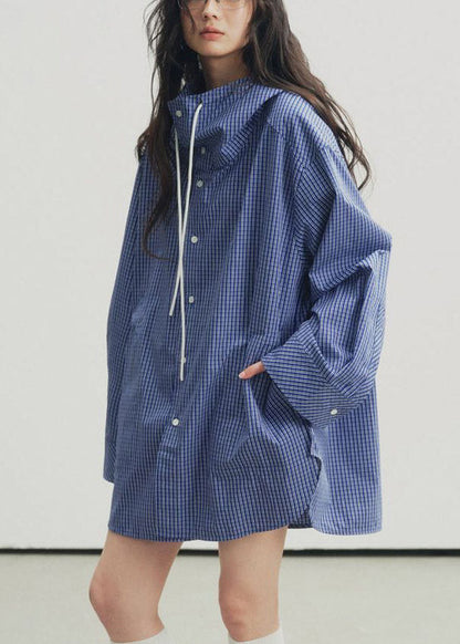 Plus Size Blue Plaid Drawstring Button Hooded Shirt Lantern Sleeve