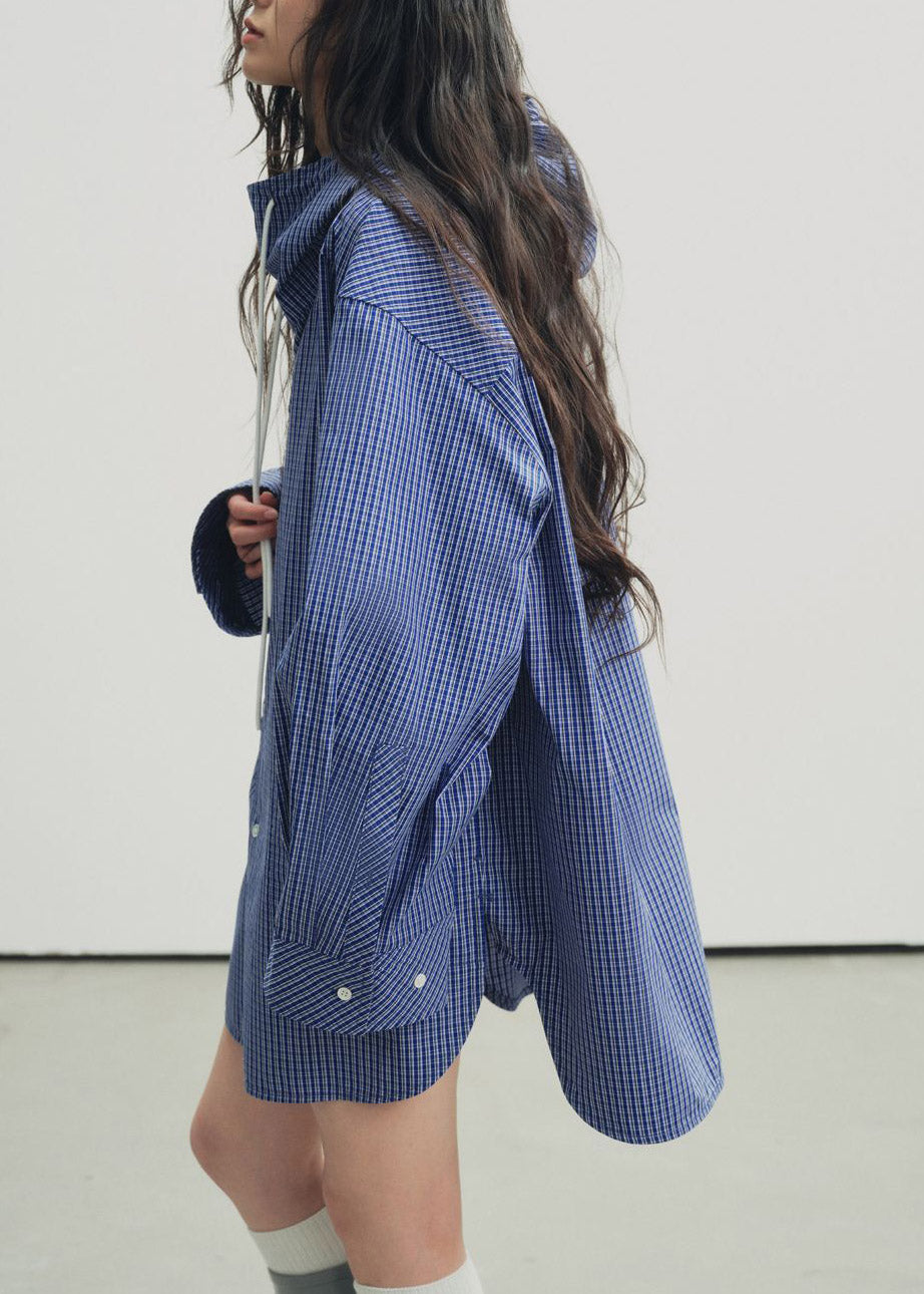 Plus Size Blue Plaid Drawstring Button Hooded Shirt Lantern Sleeve