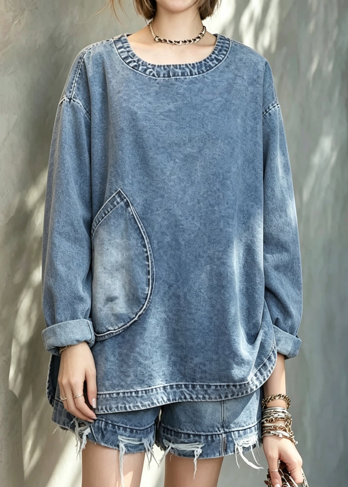 Plus Size Blue Pockets Denim Top And Shorts Two Pieces Set Fall