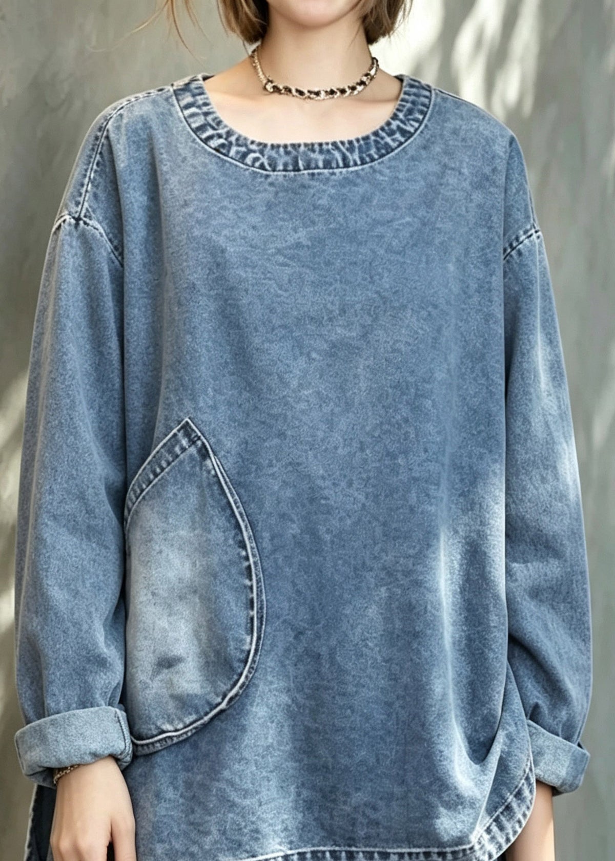 Plus Size Blue Pockets Denim Top And Shorts Two Pieces Set Fall