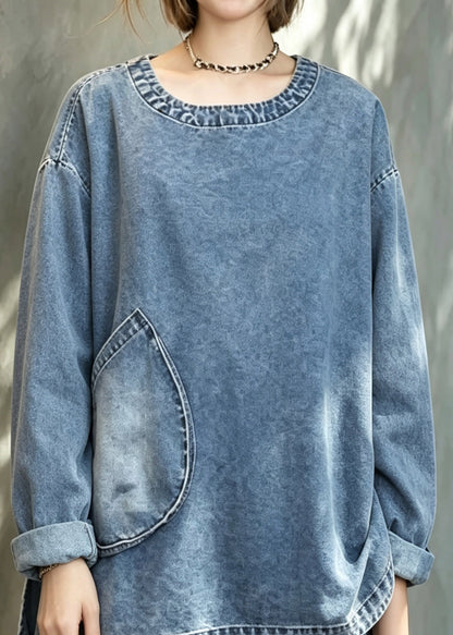 Plus Size Blue Pockets Denim Top And Shorts Two Pieces Set Fall