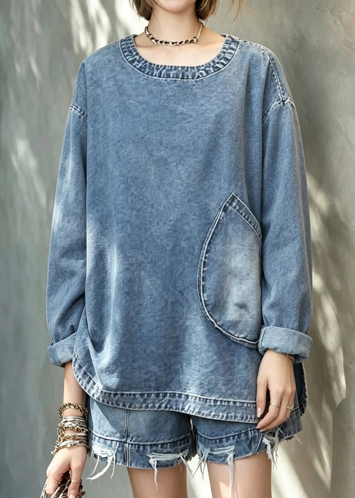 Plus Size Blue Pockets Denim Top And Shorts Two Pieces Set Fall