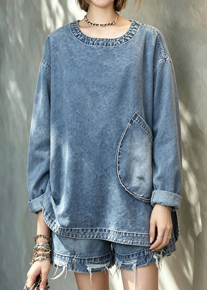 Plus Size Blue Pockets Denim Top And Shorts Two Pieces Set Fall
