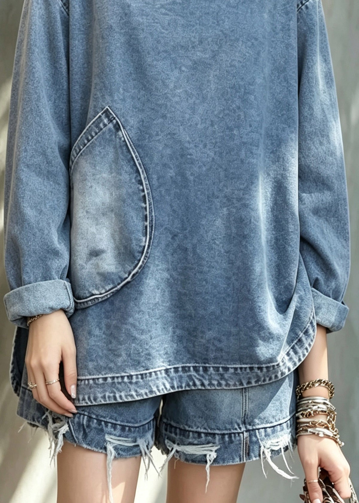 Plus Size Blue Pockets Denim Top And Shorts Two Pieces Set Fall