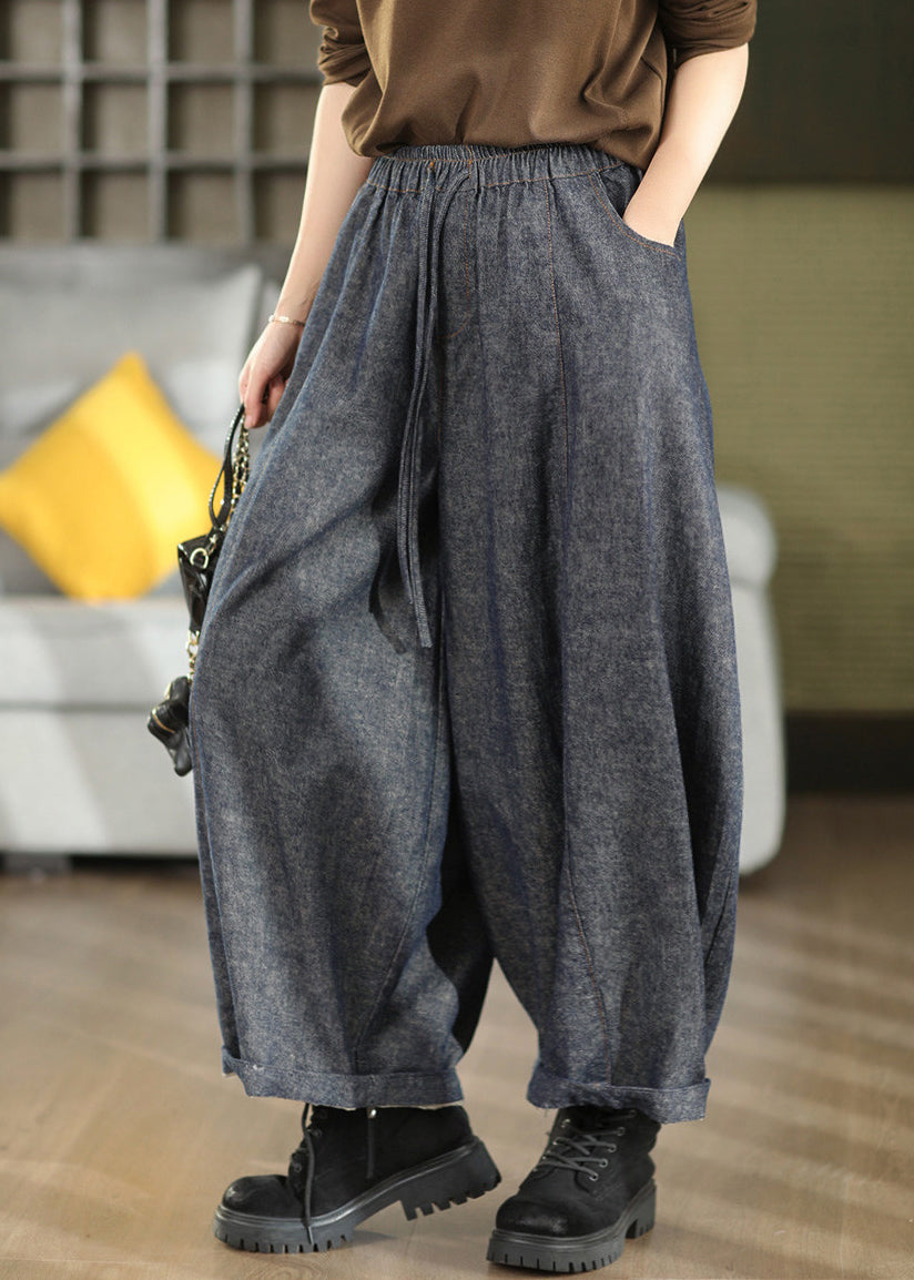 Plus Size Blue Pockets Elastic Waist Cotton Lantern Pants Fall