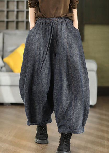 Plus Size Blue Pockets Elastic Waist Cotton Lantern Pants Fall