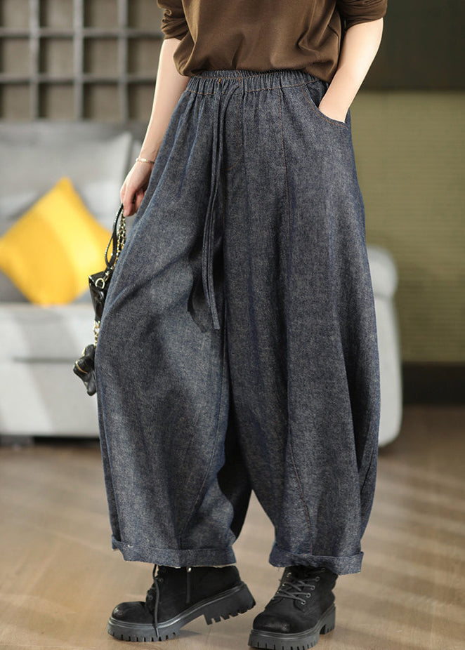 Plus Size Blue Pockets Elastic Waist Cotton Lantern Pants Fall