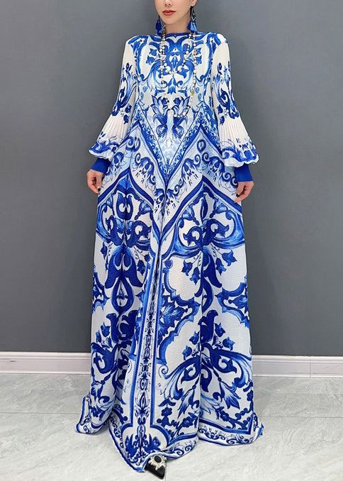 Plus Size Blue Print Exra Large Hem Holiday Dress Lantern Sleeve