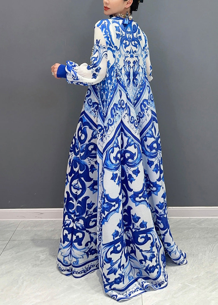 Plus Size Blue Print Exra Large Hem Holiday Dress Lantern Sleeve