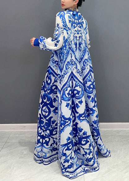 Plus Size Blue Print Exra Large Hem Holiday Dress Lantern Sleeve