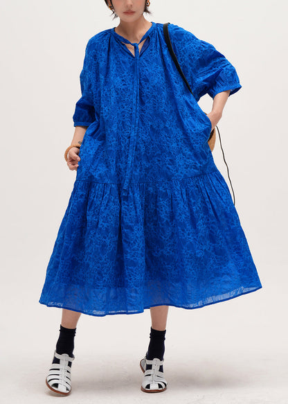 Plus Size Blue Print Pockets Lace Up Cotton Long Dresses Half Sleeve