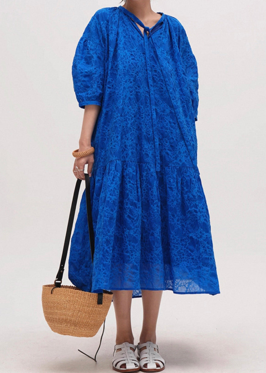 Plus Size Blue Print Pockets Lace Up Cotton Long Dresses Half Sleeve