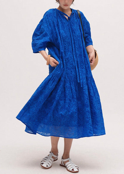 Plus Size Blue Print Pockets Lace Up Cotton Long Dresses Half Sleeve
