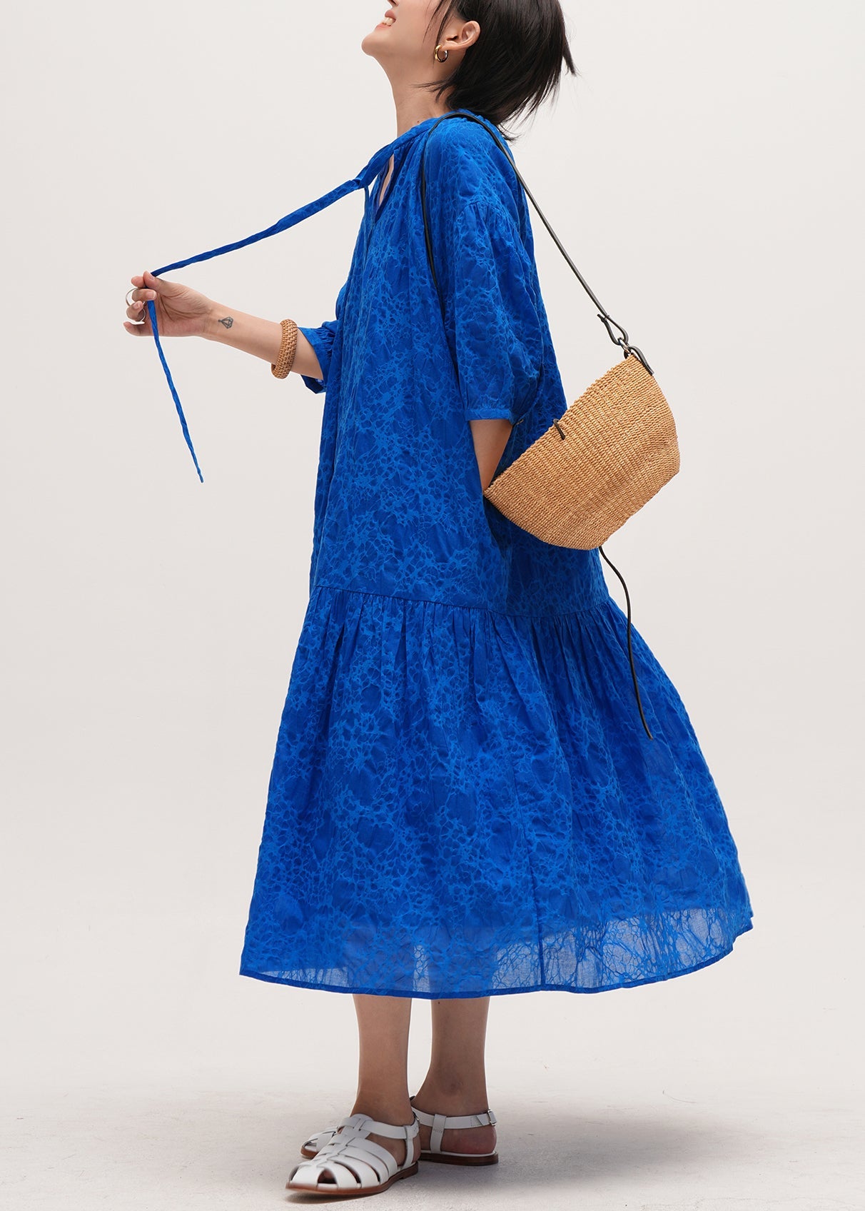 Plus Size Blue Print Pockets Lace Up Cotton Long Dresses Half Sleeve