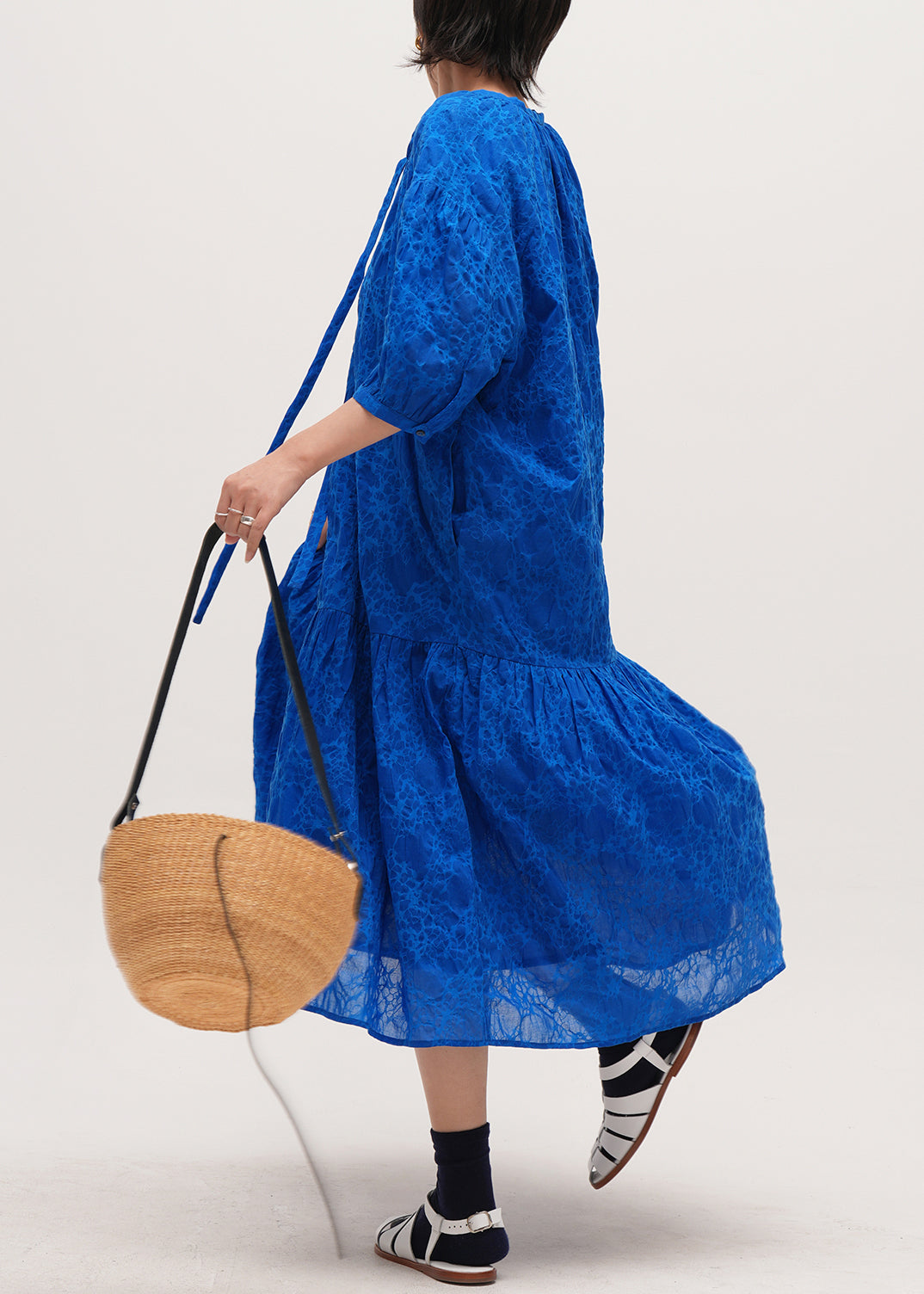 Plus Size Blue Print Pockets Lace Up Cotton Long Dresses Half Sleeve