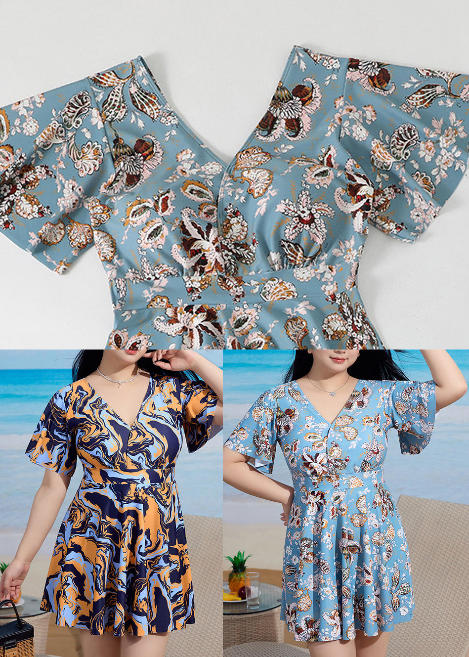 Plus Size Blue Print Swimwear Dress And Panties Two Piece Sets