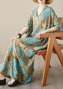 Plus Size Blue Print Wrinkled Pockets Long Dresses Short Sleeve