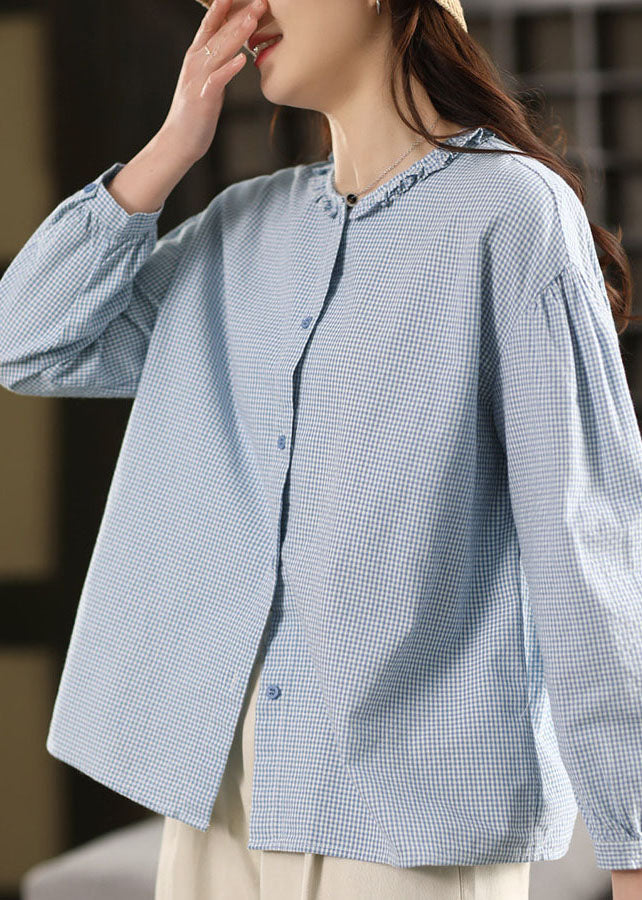 Plus Size Blue Ruffled Button Solid Shirt Fall
