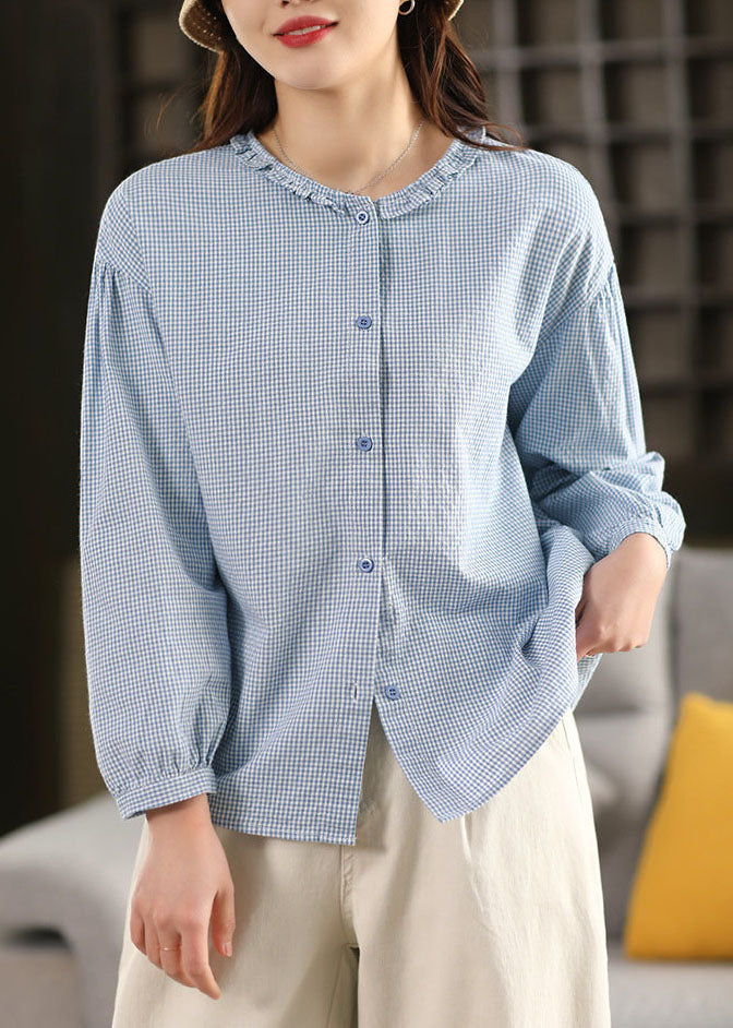 Plus Size Blue Ruffled Button Solid Shirt Fall