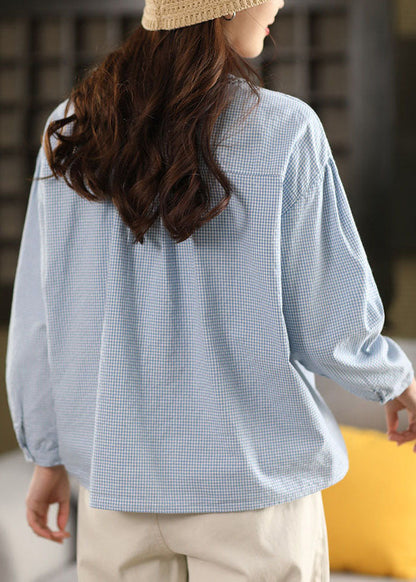Plus Size Blue Ruffled Button Solid Shirt Fall
