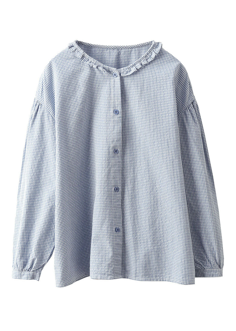 Plus Size Blue Ruffled Button Solid Shirt Fall