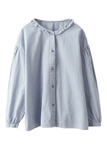 Plus Size Blue Ruffled Button Solid Shirt Fall