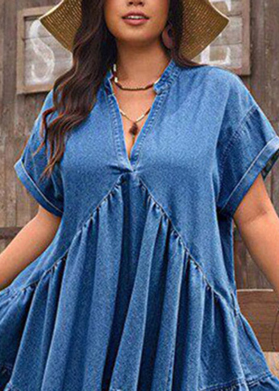 Plus Size Blue Ruffled Patchwork Denim Mid Dress Short Sleeve