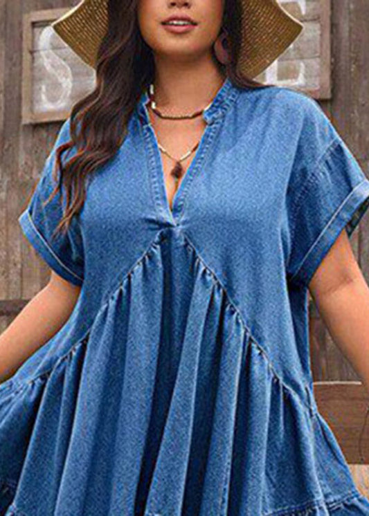 Plus Size Blue Ruffled Patchwork Denim Mid Dress Short Sleeve