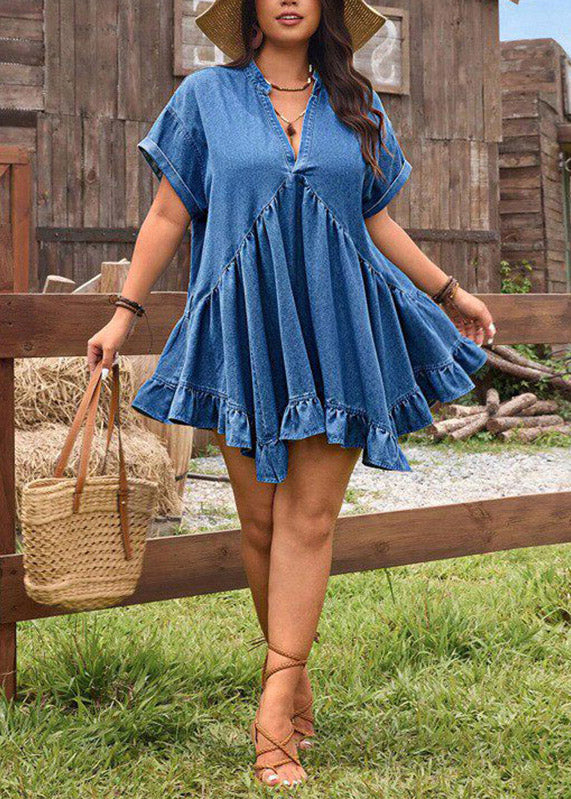 Plus Size Blue Ruffled Patchwork Denim Mid Dress Short Sleeve