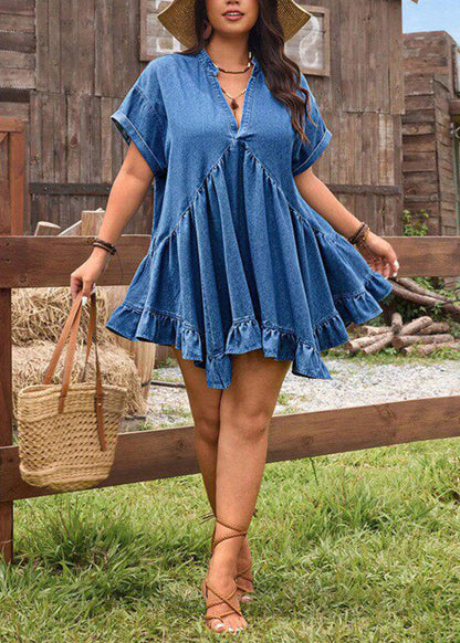 Plus Size Blue Ruffled Patchwork Denim Mid Dress Short Sleeve