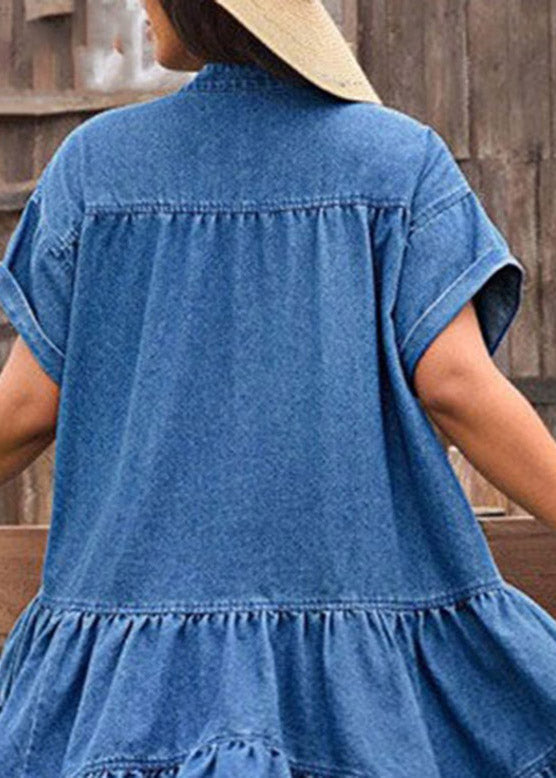 Plus Size Blue Ruffled Patchwork Denim Mid Dress Short Sleeve