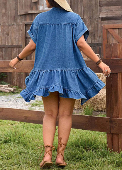 Plus Size Blue Ruffled Patchwork Denim Mid Dress Short Sleeve