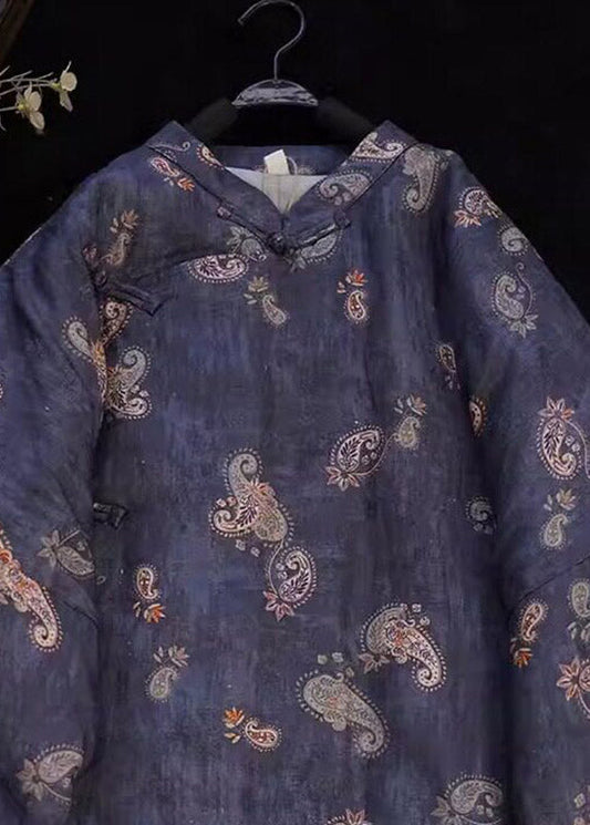 Plus Size Blue Stand Collar Print Long Parka Winter