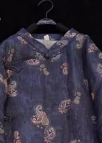Plus Size Blue Stand Collar Print Long Parka Winter