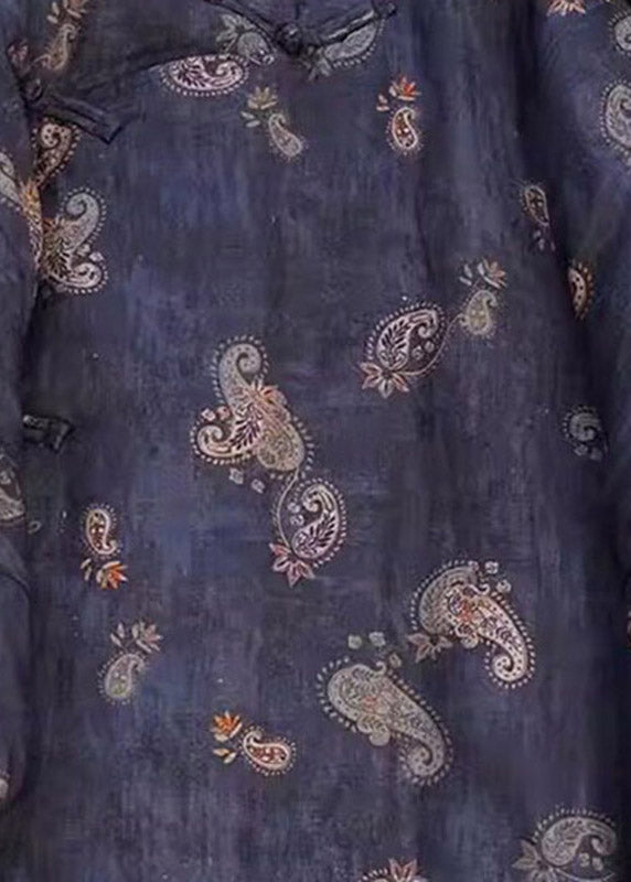 Plus Size Blue Stand Collar Print Long Parka Winter