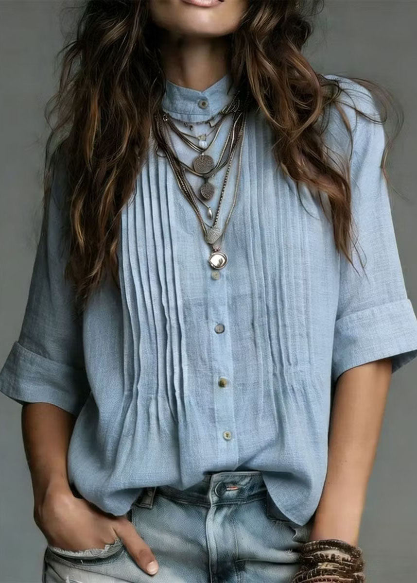 Plus Size Blue Stand Collar Wrinkled Linen Shirt Top Summer