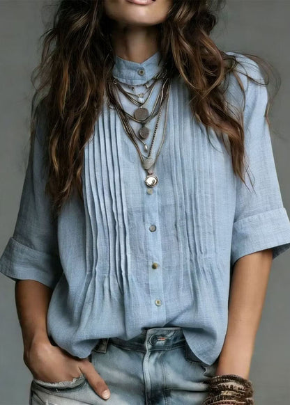 Plus Size Blue Stand Collar Wrinkled Linen Shirt Top Summer