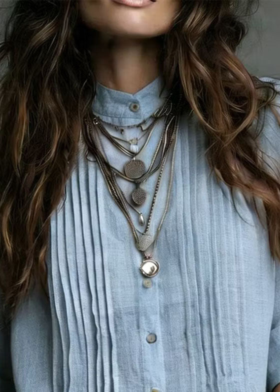 Plus Size Blue Stand Collar Wrinkled Linen Shirt Top Summer