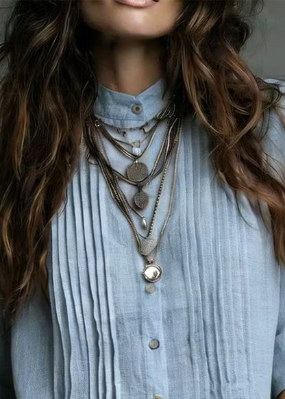 Plus Size Blue Stand Collar Wrinkled Linen Shirt Top Summer